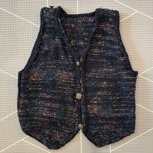 Vintage Handknit Black & Multicolor Kids Sweater Vest with Unique Buttons